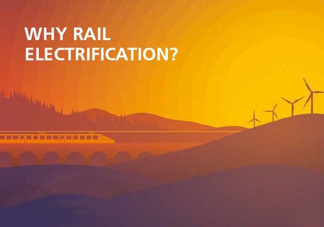 Abbildung eines Zuges auf einer Brücke bei Sonnenuntergang mit Windrädern im Hintergrund. Auf der linken Seite des Bildes steht in weißen Buchstaben der Text „WARUM BAHNELEKTRIFIZIERUNG?“.