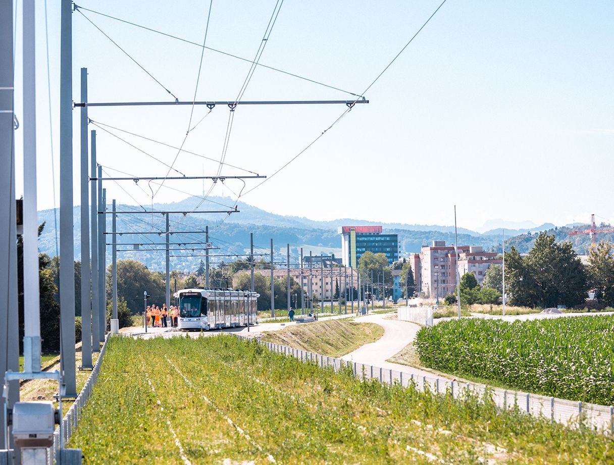 Eine Straßenbahn fährt auf Gleisen, die von grünen Feldern umgeben sind. Eine Gruppe von Arbeitern in orangefarbenen Anzügen steht daneben. Im Hintergrund sind Gebäude und Hügel unter einem klaren blauen Himmel zu sehen. Über ihnen sind Stromleitungen zu sehen.