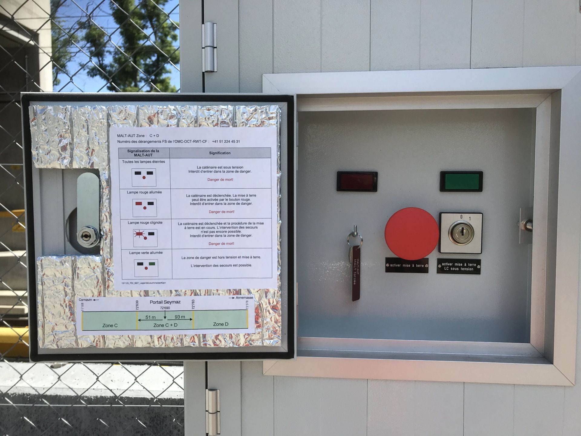 Ein offener, an einer Wand montierter Schaltkasten mit einer Liste von Anweisungen und Anzeigen auf der Innenseite der Abdeckung. Das Bedienfeld enthält verschiedene Knöpfe, Schalter und Kontrollleuchten. Ein Schlüssel wird in ein Schloss auf der rechten Seite des Bedienfelds gesteckt.