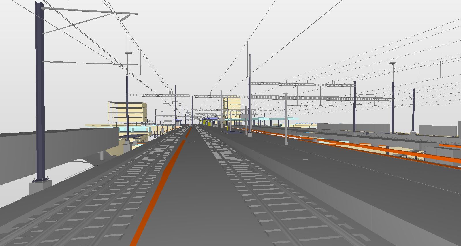 Ein 3D-Modell, das einen Bahnhof mit mehreren Gleisen, Oberleitungen und Bahnsteigen darstellt. Im Hintergrund sind verschiedene Gebäude und Infrastrukturelemente zu sehen. Das Bild scheint ein konzeptioneller oder architektonischer Entwurf einer Eisenbahnanlage zu sein.