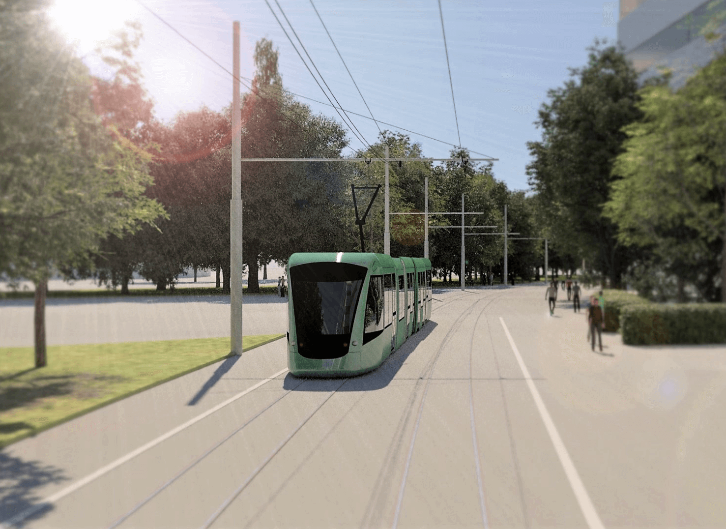 Eine moderne grüne Straßenbahn fährt auf einer Stadtbahnstrecke mit Bäumen und Grünflächen auf beiden Seiten. Fußgänger laufen auf dem Bürgersteig im Hintergrund. Die Kulisse scheint eine städtische Umgebung an einem klaren, sonnigen Tag zu sein.